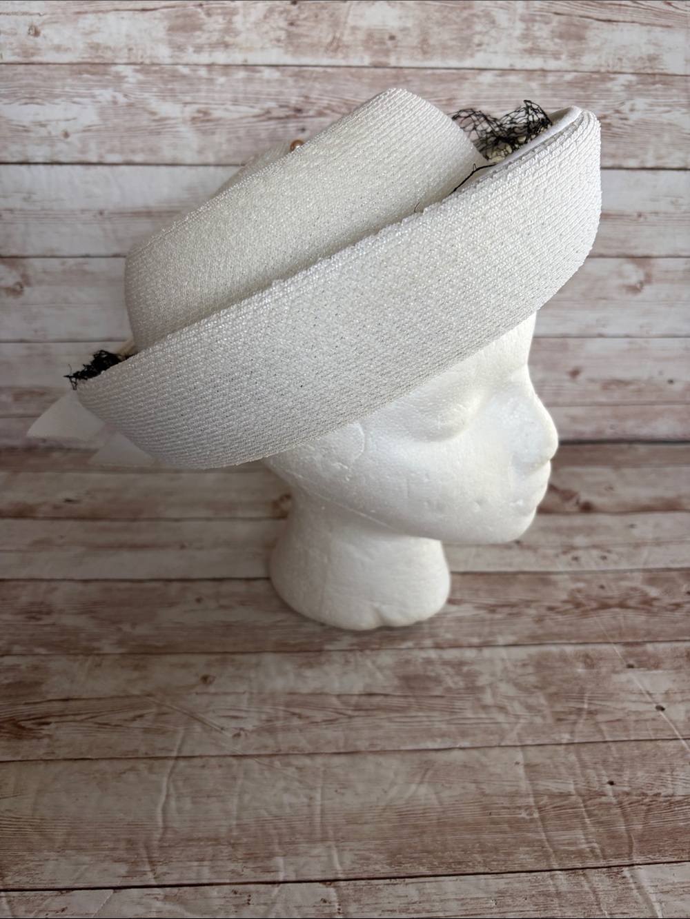 Vintage White Straw Pillbox Hat with Black Net Accent